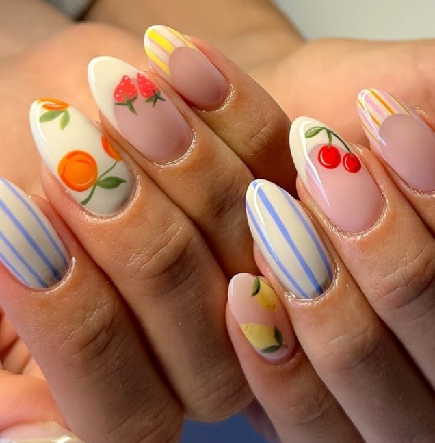 Medium Oval Nails With Fruity Motifs — Cute Nail Extensions