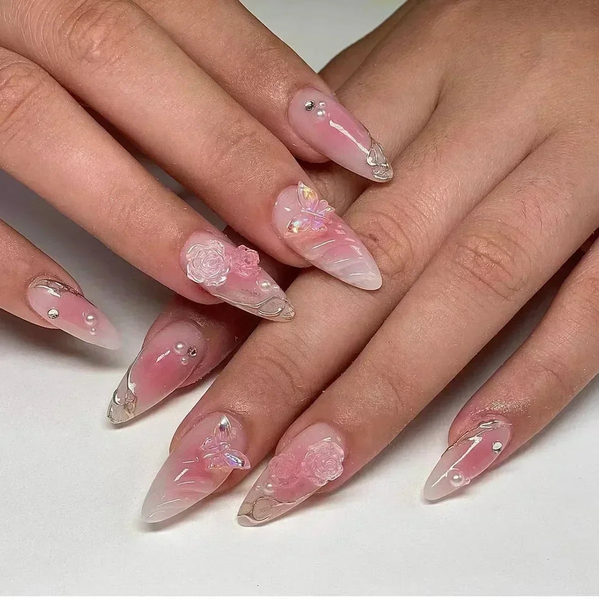 Extra Long Stiletto Pink and White Gradient Nails — Cute Nail Extensions