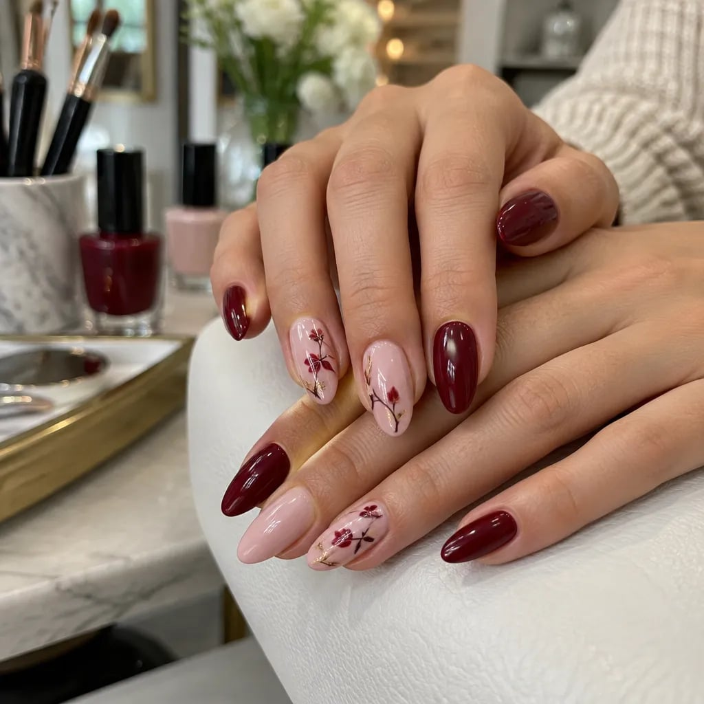 Medium Almond Burgundy and Pink Nails With Branches — Cute Nail Extensions