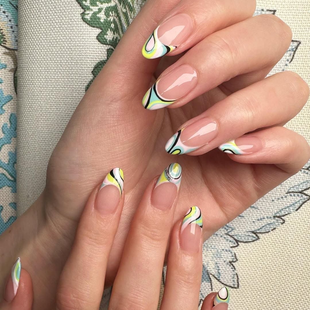 Long Almond Nails With Abstract Tip Art — Cute Nail Extensions
