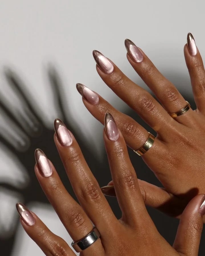 Medium Almond Rose Gold Cat-Eye With Brown Tips — Cute Nail Extensions
