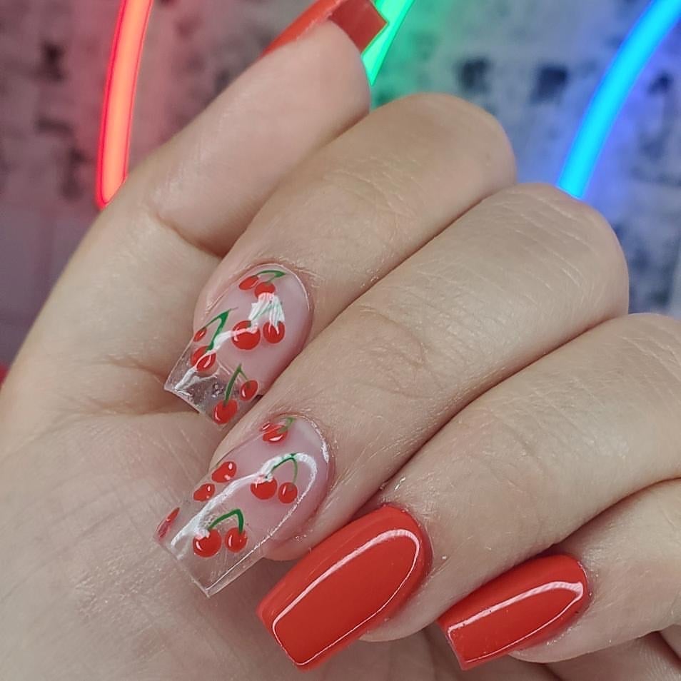 Medium Square Nails With Cherry Art — Cute Nail Extensions