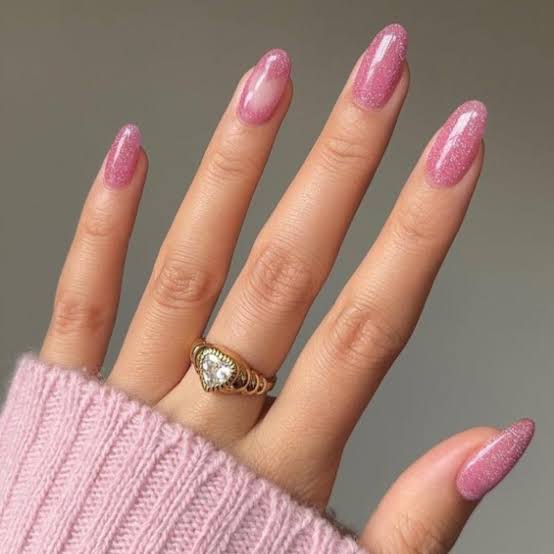 Medium Almond Nails With Pink Glitter Polish — Cute Nail Extensions
