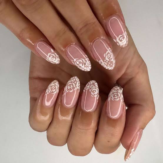 Medium Almond Nails With White Lace Pattern — Cute Nail Extensions
