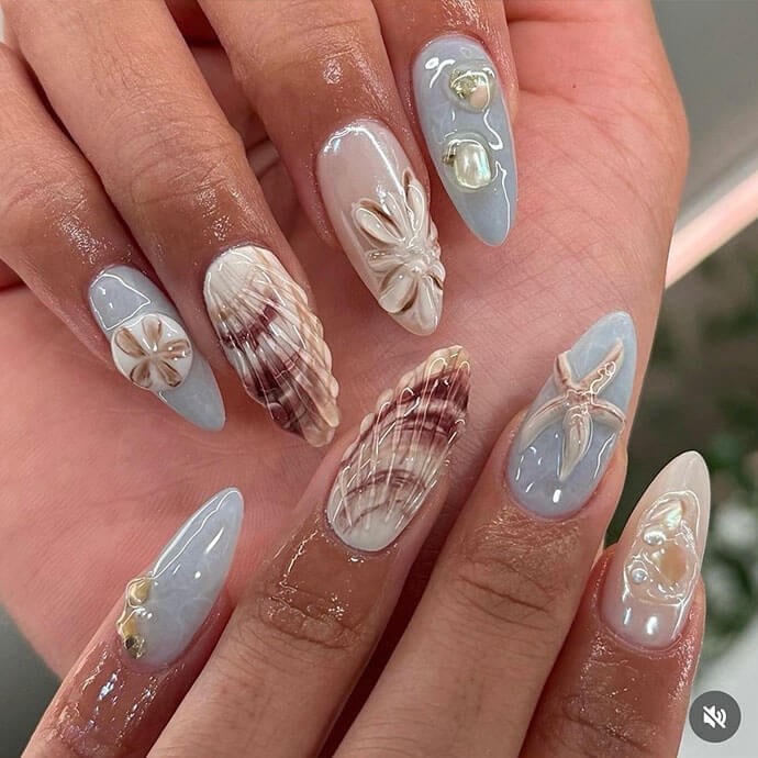 Medium Almond Nails With 3D Beach Charms, Close-Up Take — Cute Nail Extensions