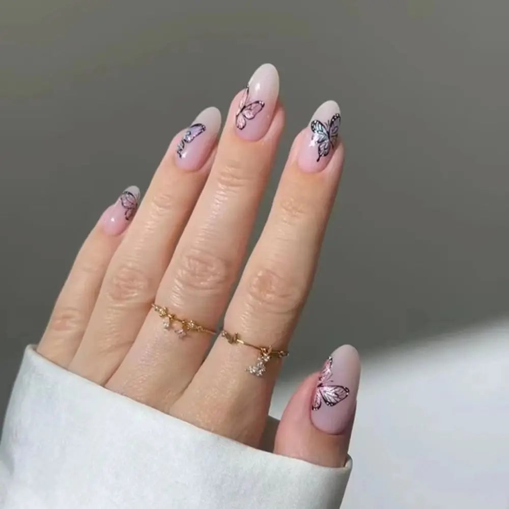 Medium Oval Nails With Butterfly Decals — Cute Nail Extensions