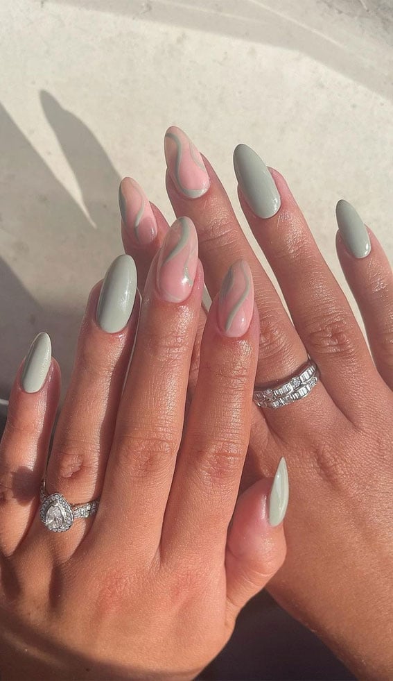 Short Almond Sage Green With Pink Swirls — Cute Nail Extensions