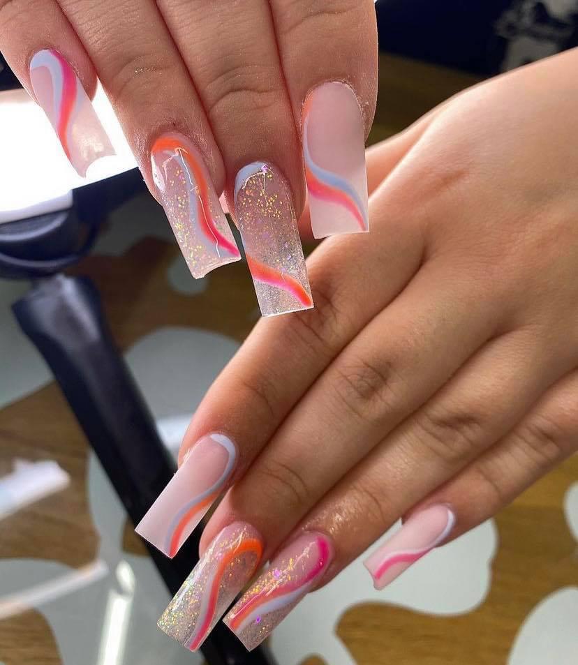 Long Square Nails With Pink Glitter French Tips — Cute Nail Extensions