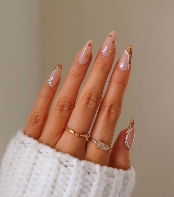 Long Almond Nails With Glitter French Tips And Stars — Cute Nail Extensions