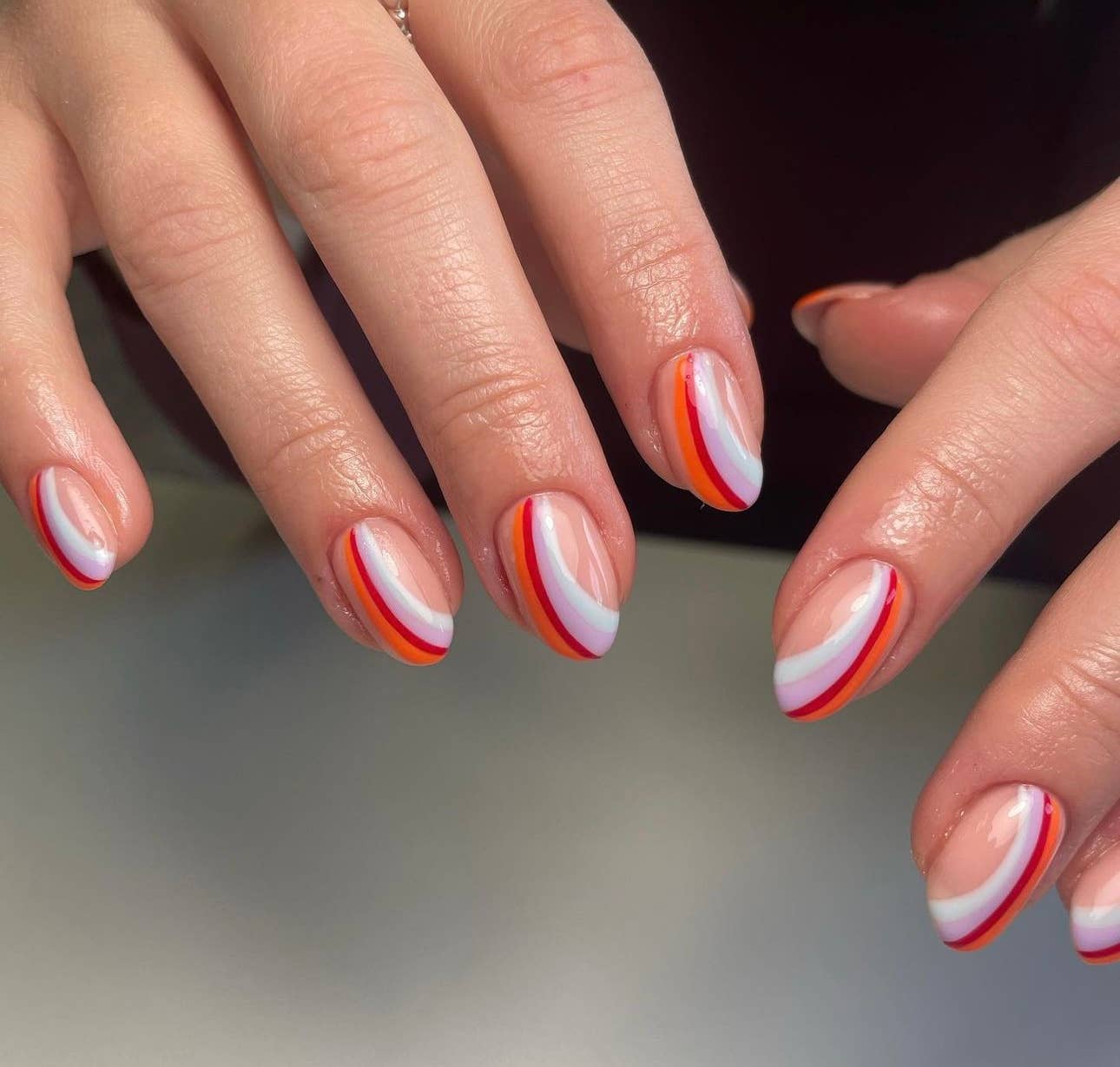 Vibrant Striped French Tip Short Oval Nails — Cute Short Acrylic Nails