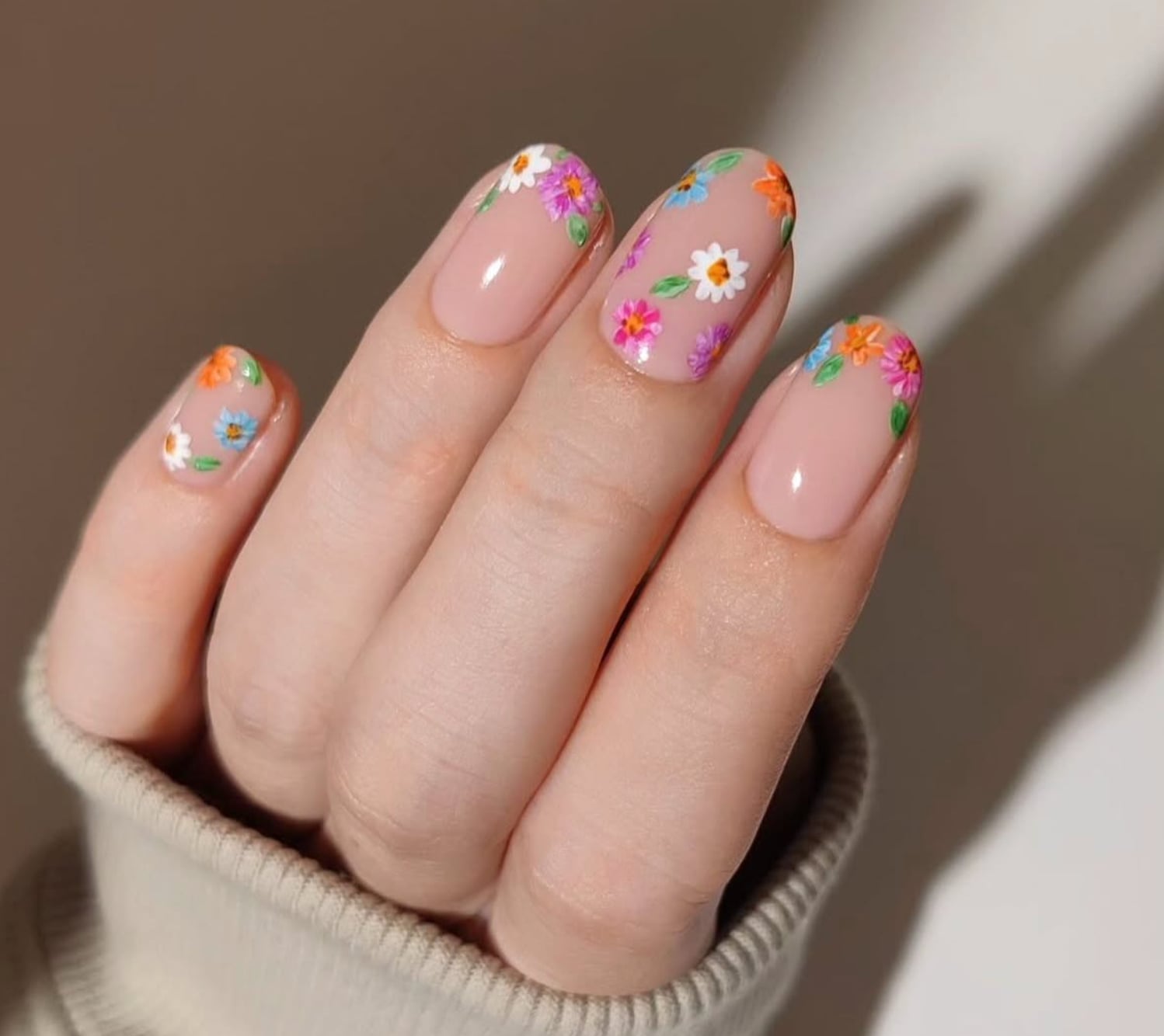 Sheer Nude Floral Accent Short Almond Nails — Cute Short Acrylic Nails
