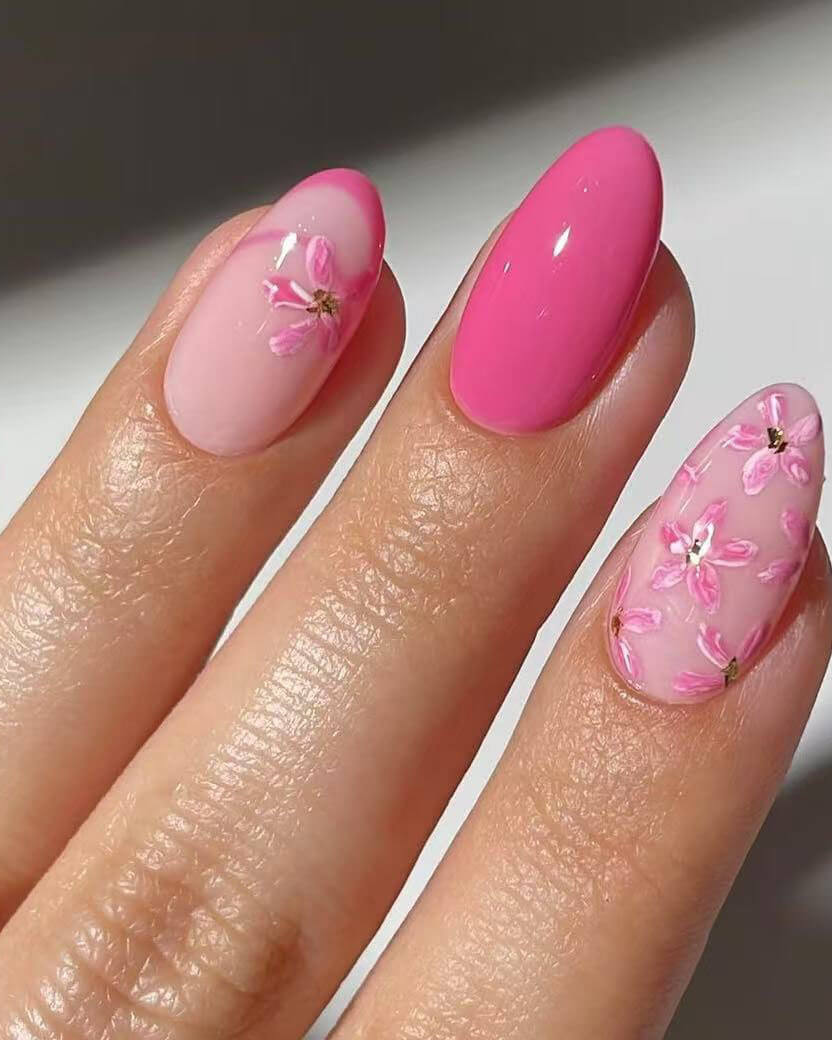 Pink Floral Design Short Oval Nails — Cute Short Acrylic Nails