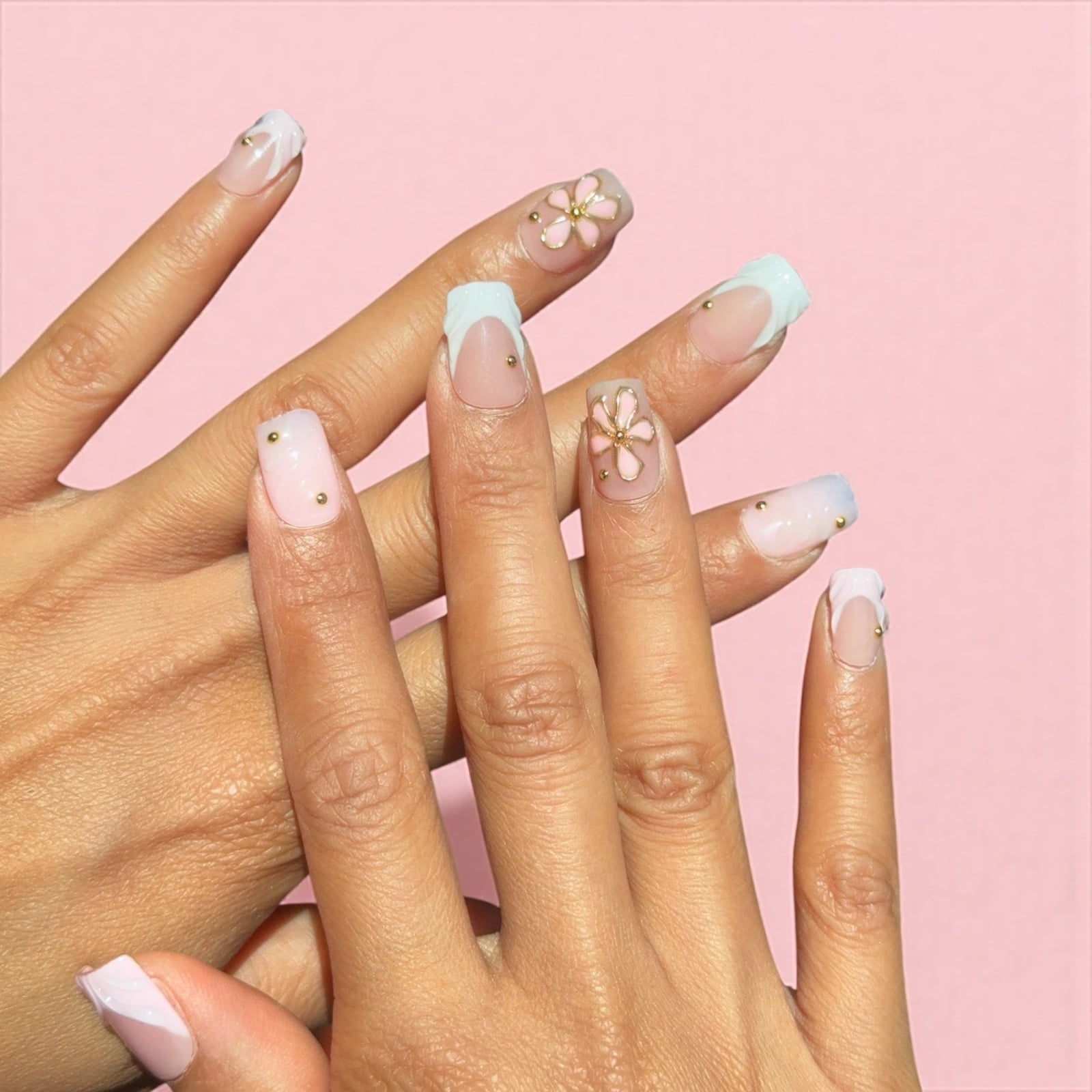 Pale Pink Blue French Floral Stud Short Nails — Cute Short Acrylic Nails