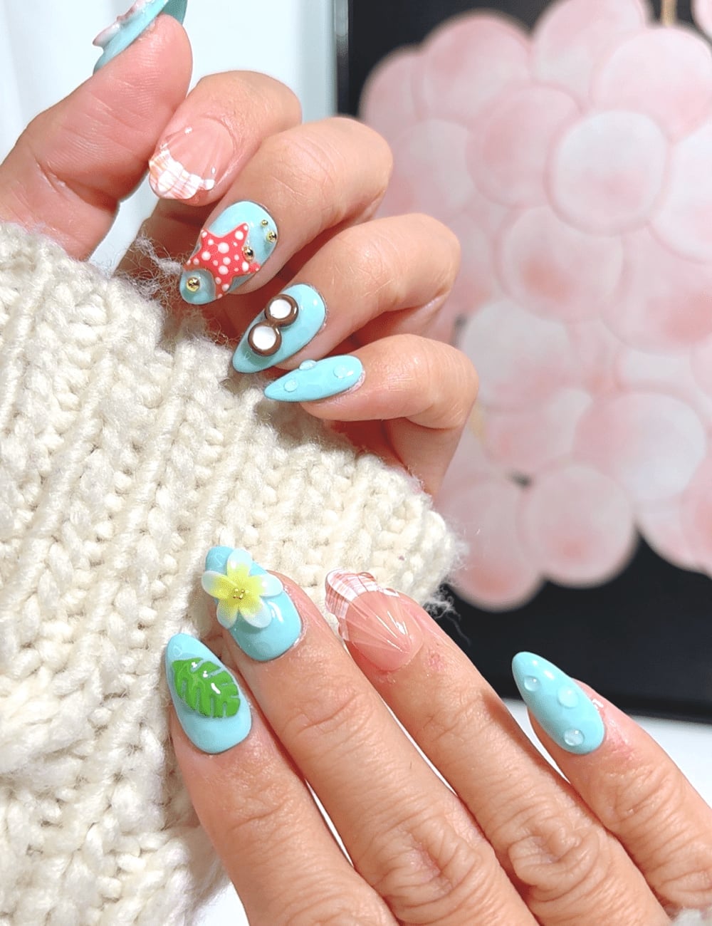 Light Blue 3D Ocean Charms Short Almond Nails — Cute Short Acrylic Nails
