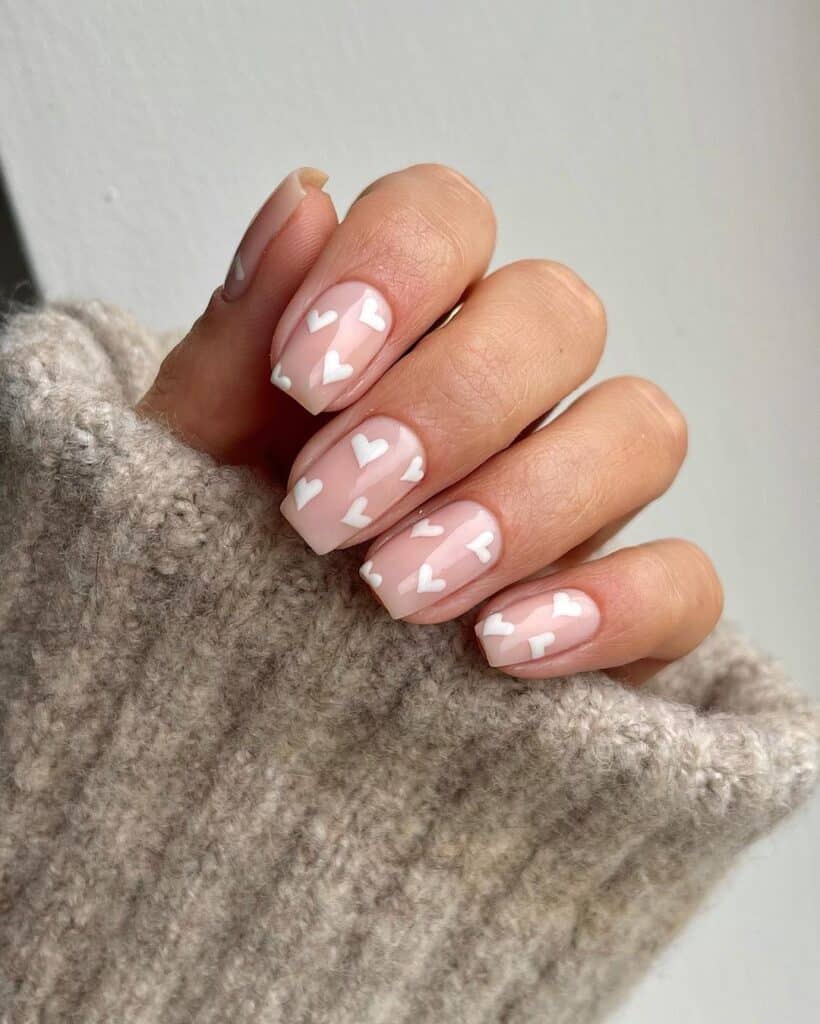 Sheer Nude White Heart Decal Short Square Nails — Cute Short Acrylic Nails