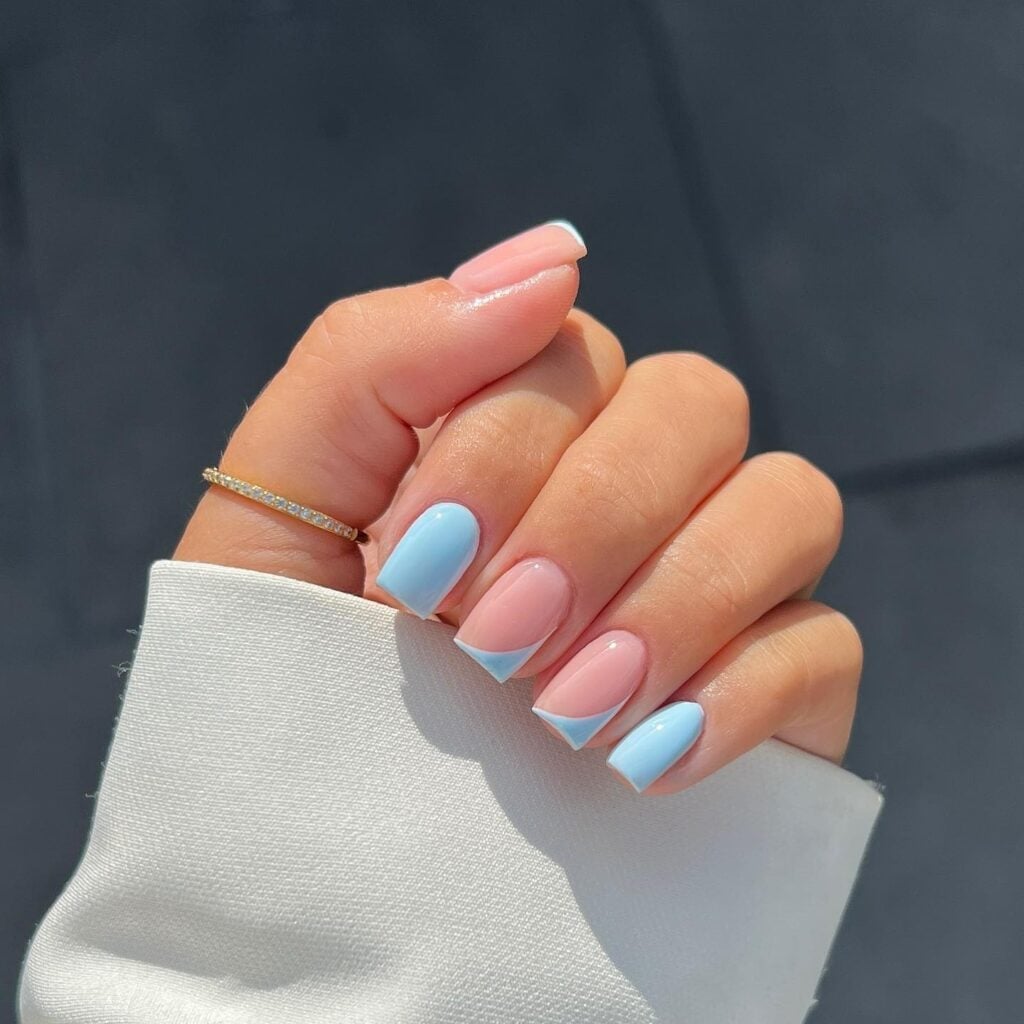Sheer Pink French Tip Color Block Short Square Nails — Cute Short Acrylic Nails