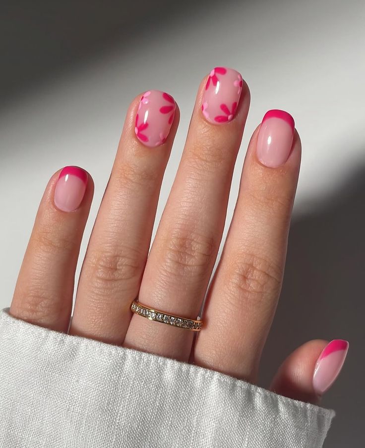 Sheer Nude Pink Floral Abstract Short Square Nails — Cute Short Acrylic Nails
