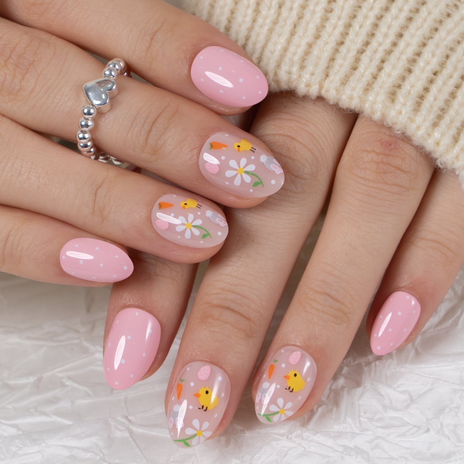 Pink White Polka Dot Chick Daisy Short Almond Nails — Cute Short Acrylic Nails