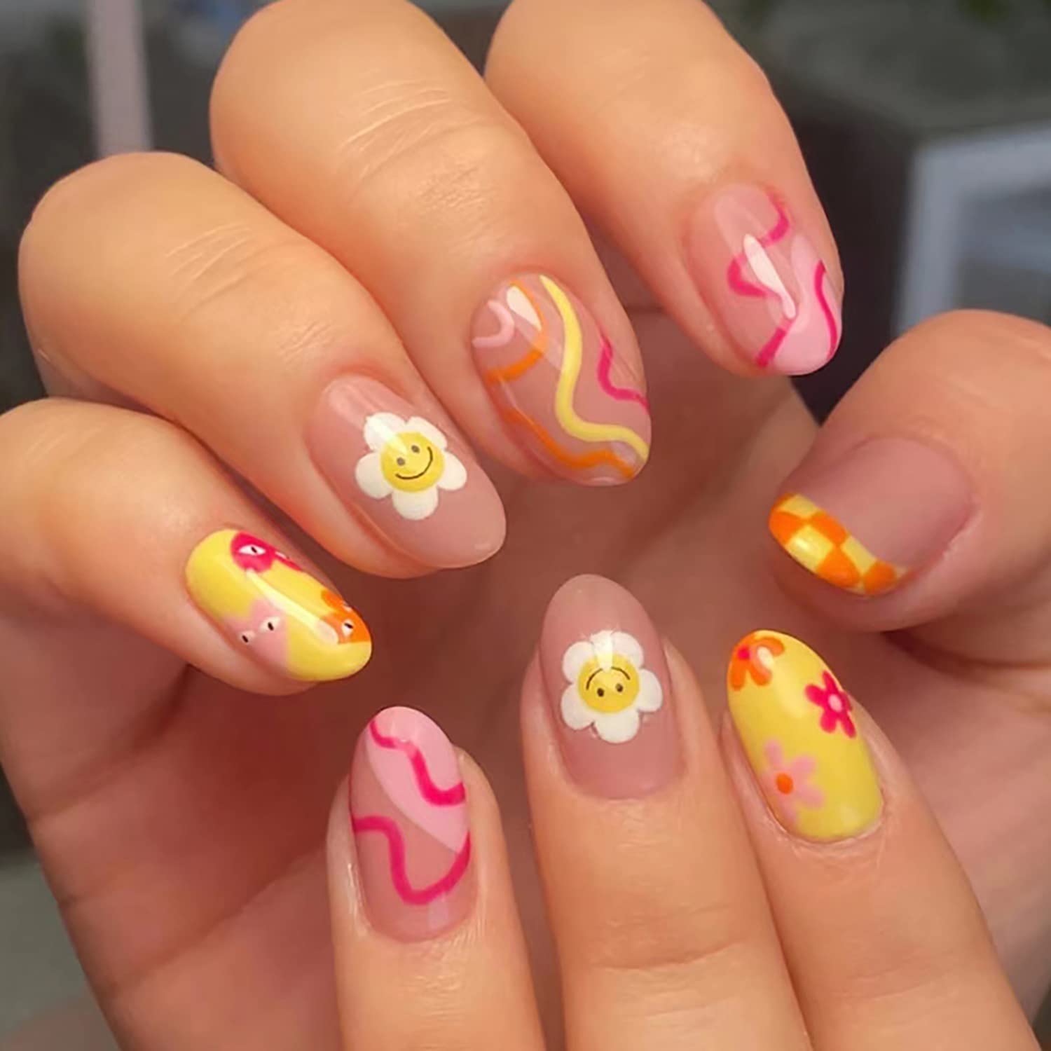Pale Pink White Black Polka Dot Short Oval Nails — Cute Short Acrylic Nails