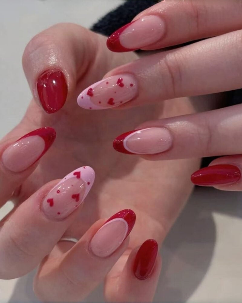 Sheer Pink Red Heart French Short Almond Nails — Cute Short Acrylic Nails