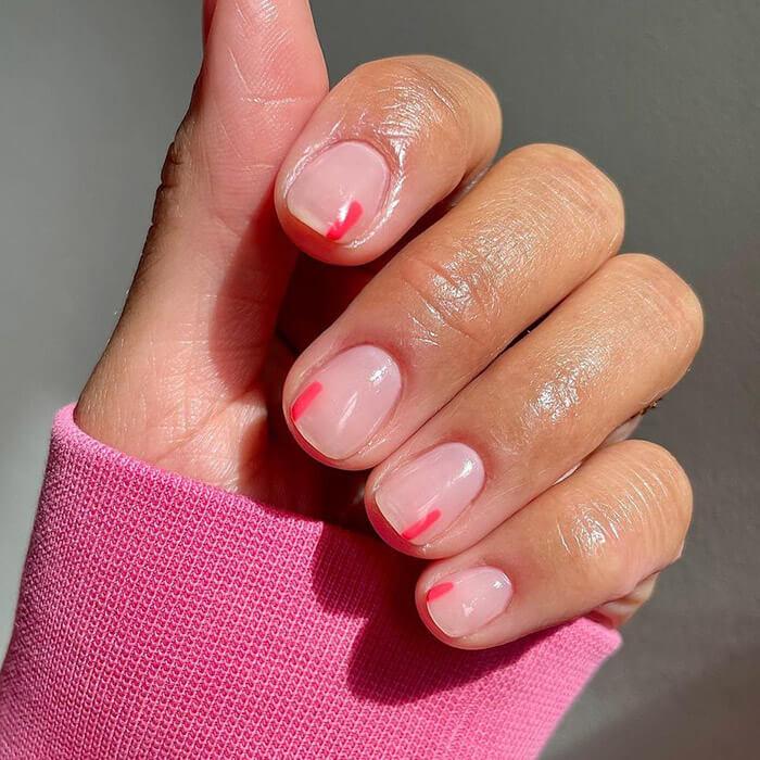 Sheer Pink Red Line Accent Short Oval Nails — Cute Short Acrylic Nails