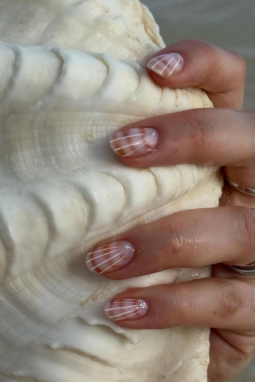 Sheer Seashell Line Short Almond Nails — Cute Short Acrylic Nails