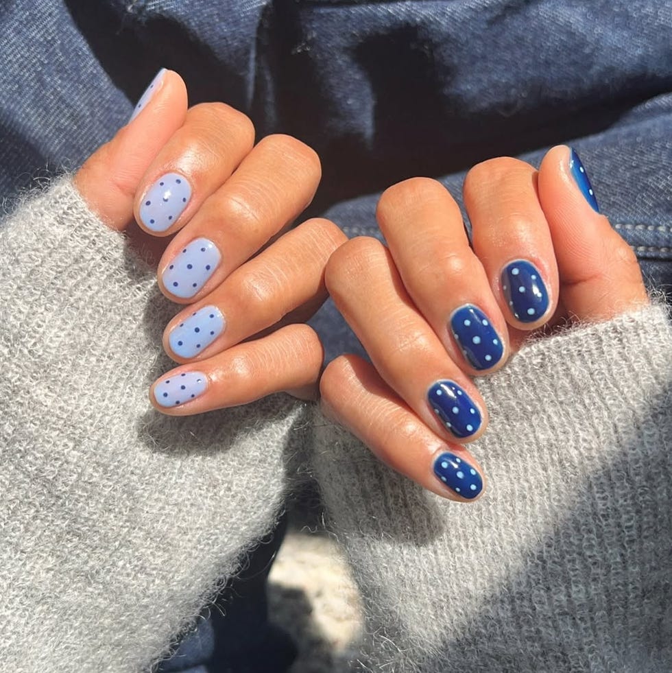 Blue and White Polka Dot Short Oval Nails — Cute Short Acrylic Nails