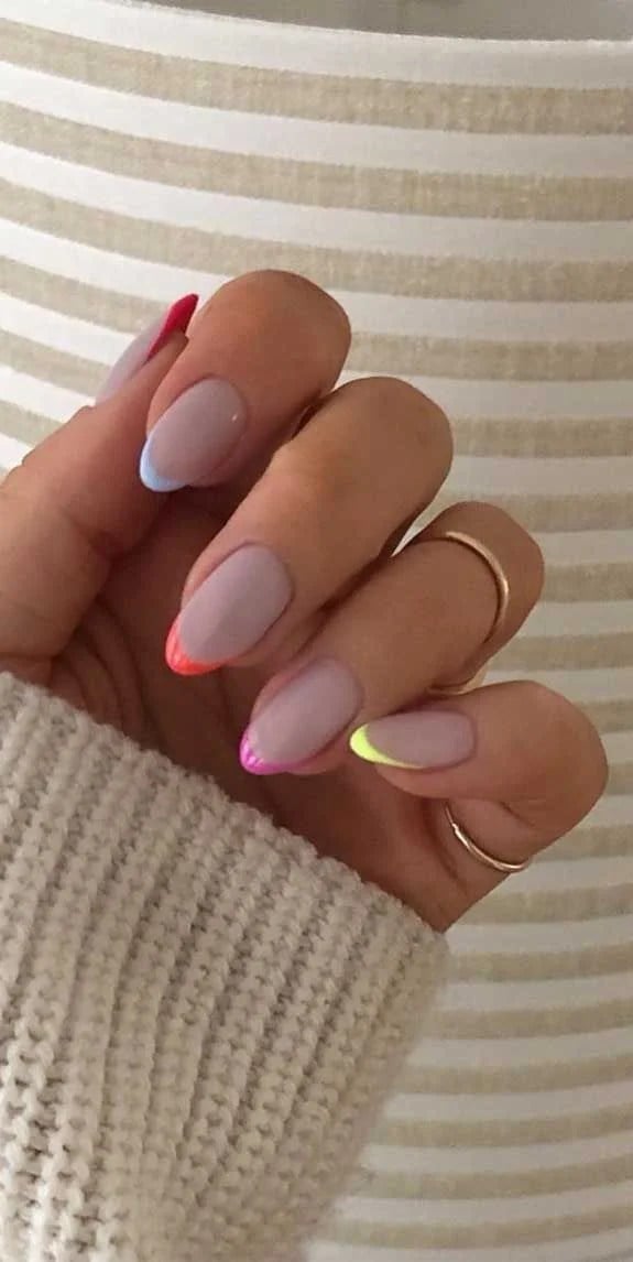 Neon French Tip Short Oval Nails — Cute Short Acrylic Nails