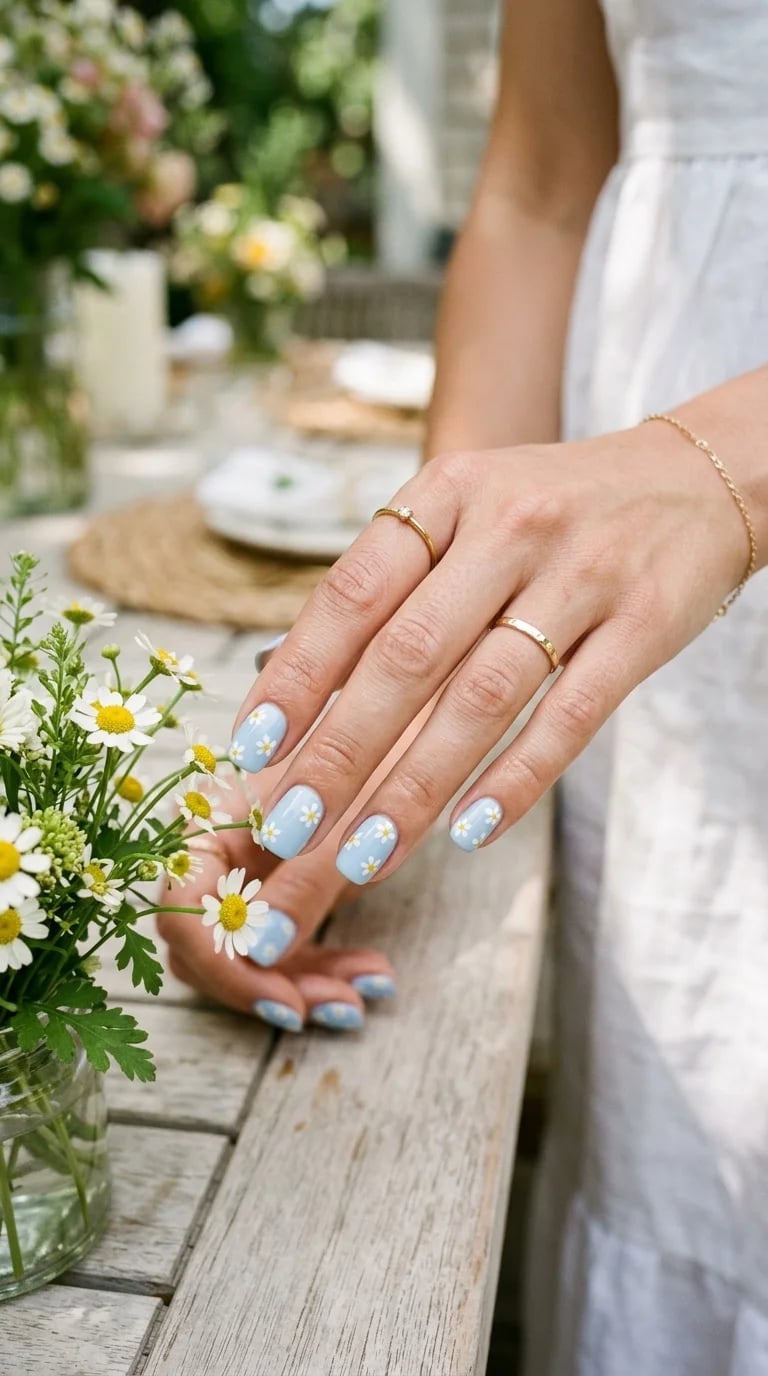Light Blue Daisy Art Short Almond Nails — Cute Short Acrylic Nails