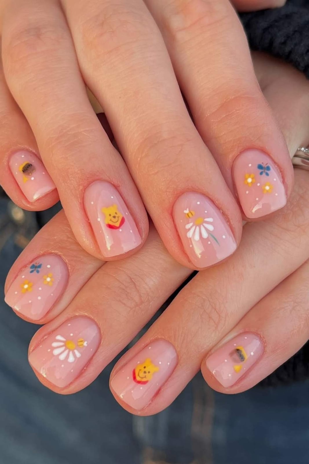 Light Pink Character Art Short Round Nails — Cute Short Acrylic Nails