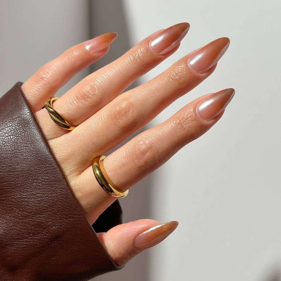 Shimmery Tan Ombre Long Sharp Nails — Cute Tan Nails