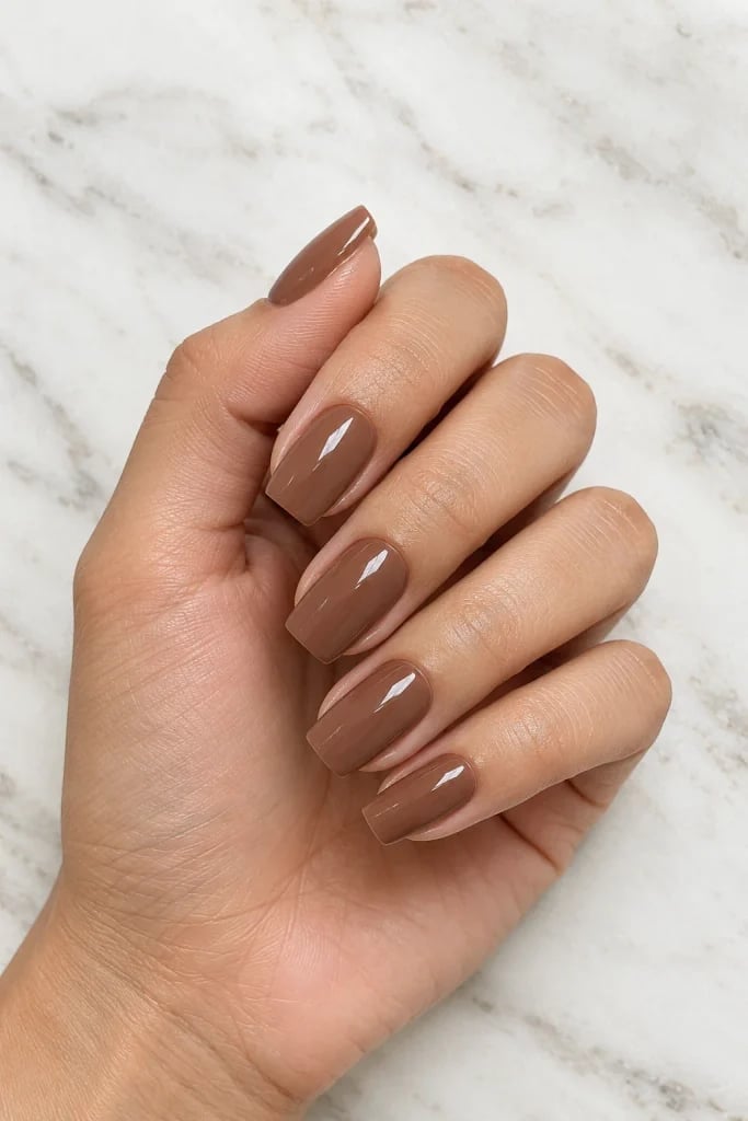 Glossy Brown Warm Undertone Medium Square Nails — Cute Tan Nails