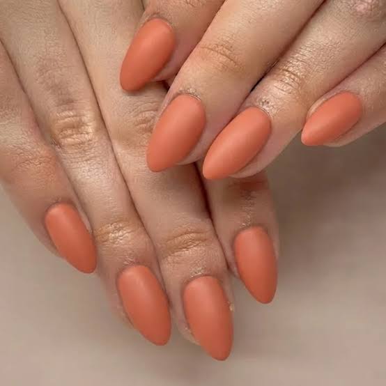 Matte Terracotta Orange Short Almond Nails — Cute Tan Nails