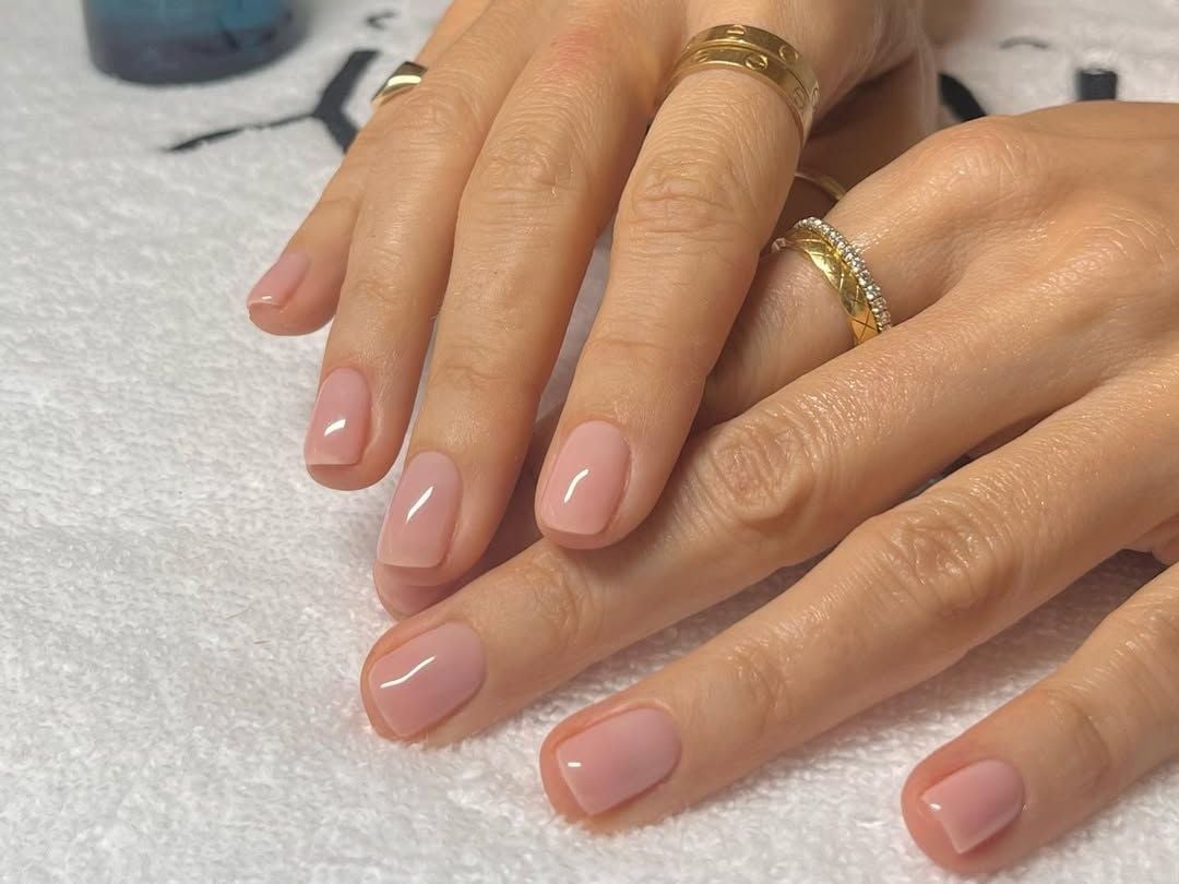 Sheer Nude Short Square Glossy Nails — Cute Tan Nails