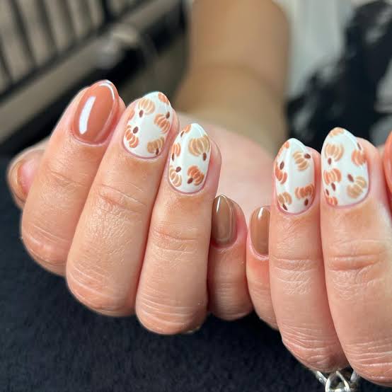 Tan With Pumpkin Art Short Almond Nails — Cute Tan Nails