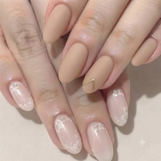 Matte Tan With Lace Art Medium Oval Nails — Cute Tan Nails