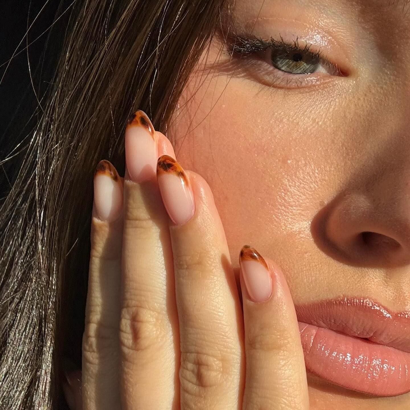 Tortoiseshell French Tips Medium Almond Nails — Cute Tan Nails