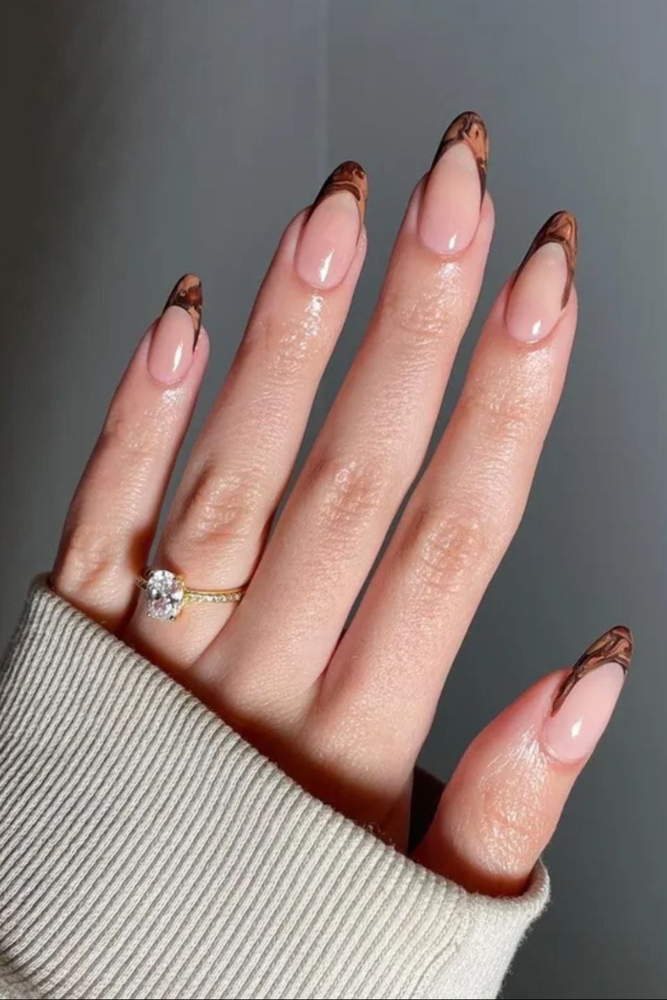 Amber Tortoiseshell French Medium Almond Nails, Glossy — Cute Tan Nails