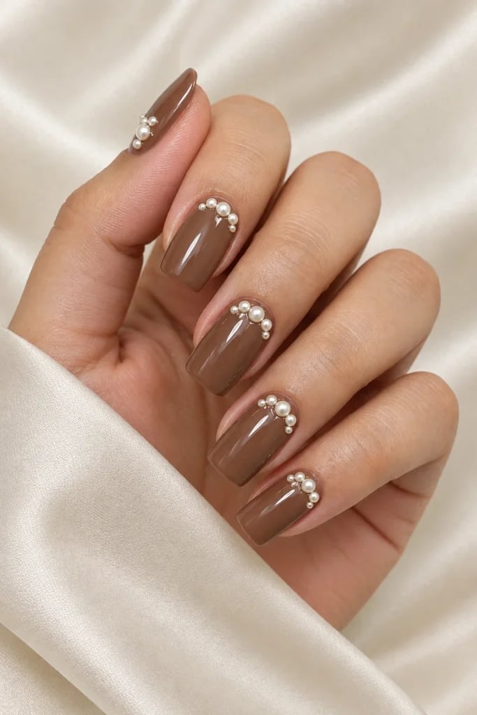 Pearl Accent Square Medium Length Nails — Cute Tan Nails