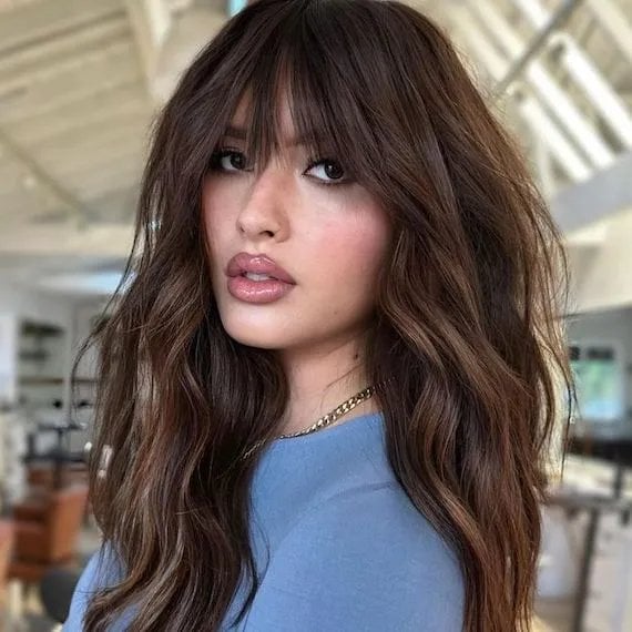 Collarbone Dark Brown With Caramel Highlights Collarbone Dark Brown With Caramel Highlights — Cute Ways to Style Curtain Bangs
