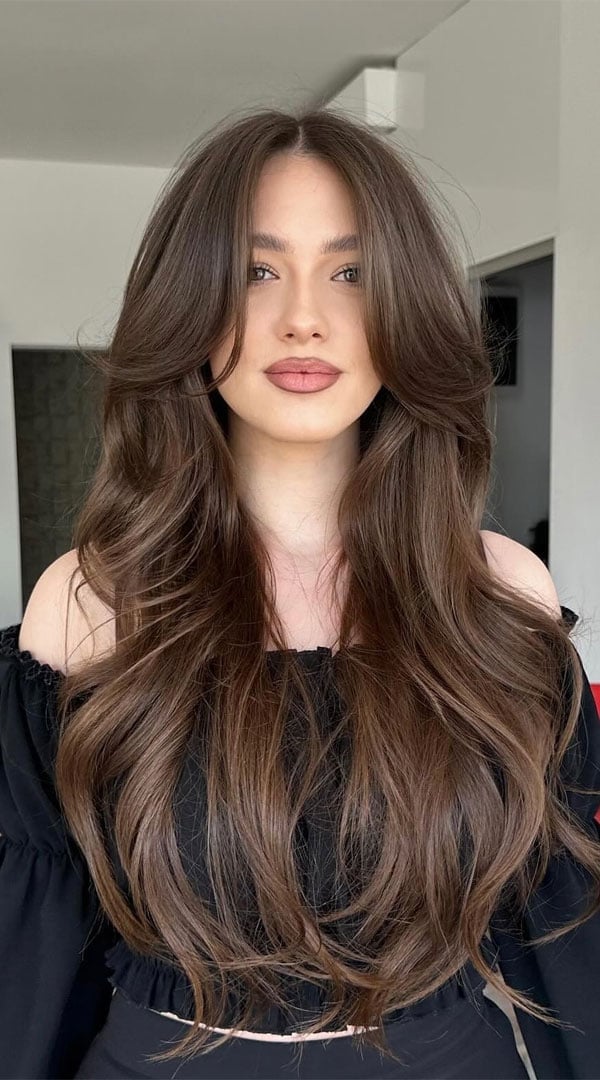 Thick Wavy Mid-Back With Voluminous Curtain Bangs Thick Wavy Mid-Back With Voluminous Curtain Bangs — Cute Ways to Style Curtain Bangs