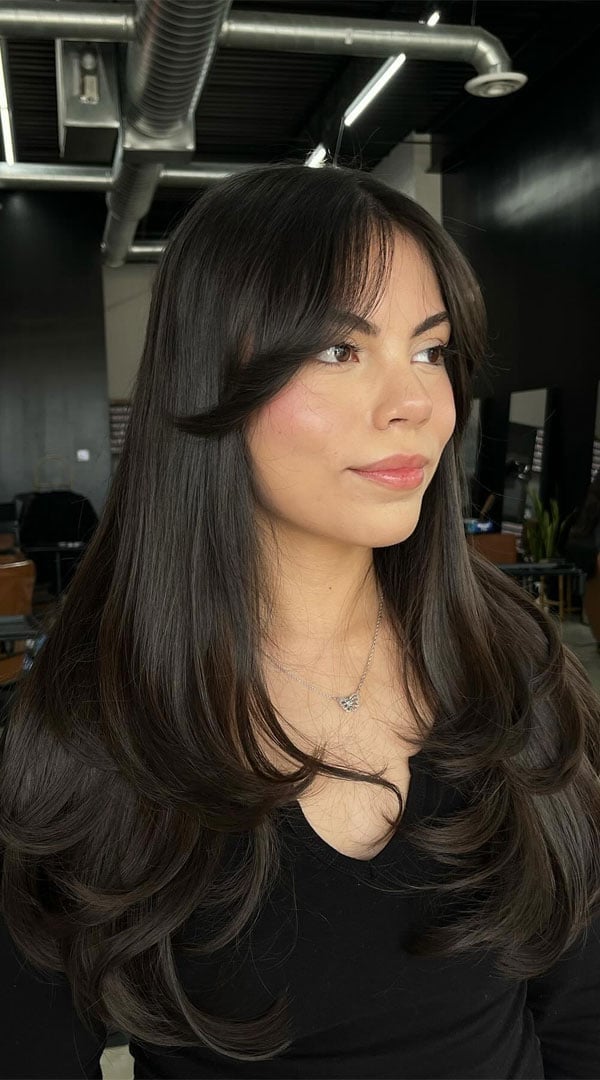 Shoulder Dark Brown With Soft Waves, Wavy Shoulder Dark Brown With Soft Waves, Wavy — Cute Ways to Style Curtain Bangs