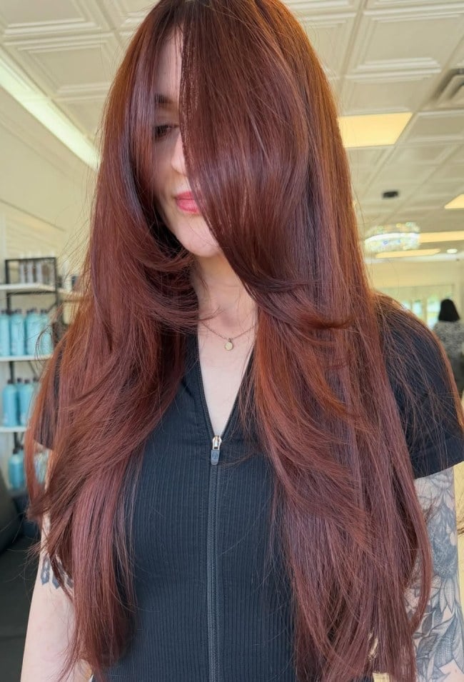 Mid-Back Dark Auburn With Face-Framing Layers — Dark Auburn Hair
