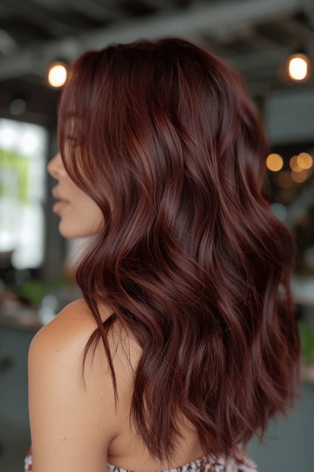 Collarbone Waves With Curtain Bangs — Dark Auburn Hair