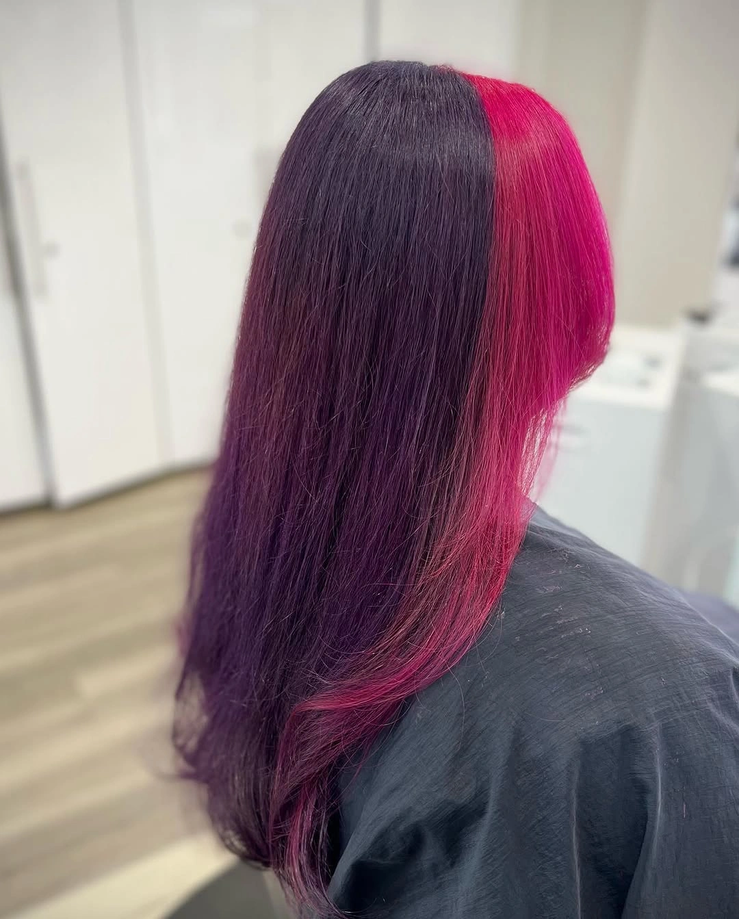 Long straight deep violet purple hair with a vivid magenta pink side section