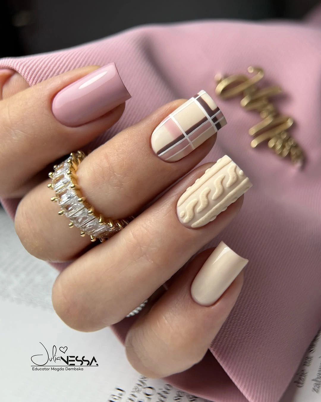 Cream and pink square nails with brown plaid and raised sweater texture