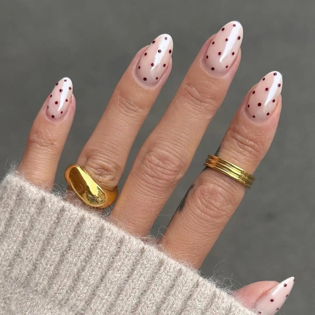 Dark Red Dots on Sheer Nude Almond Nails — Dots Nail Designs