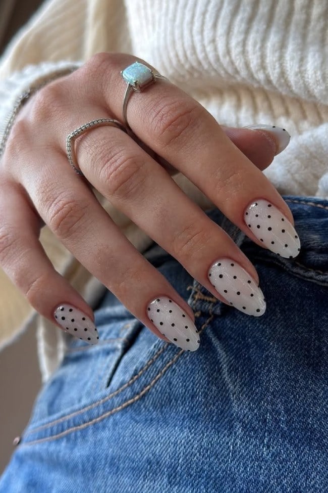 Crisp White with Black Dot Almond Nails — Dots Nail Designs