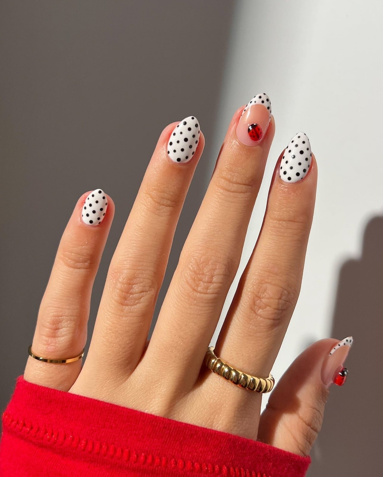 Ladybug Accent Almond Nails with Dots — Dots Nail Designs
