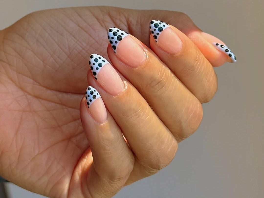 Fine Black Dots on French Almond Nails — Dots Nail Designs